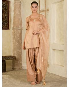 Beige Embroidered Cotton Suit- Set of 3
