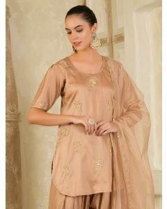 Beige Embroidered Cotton Suit- Set of 3