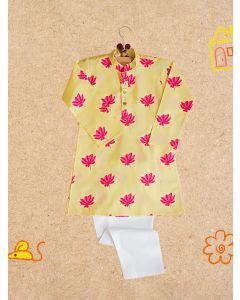Yellow Printed Cotton Kurta with Pants- Set of 2