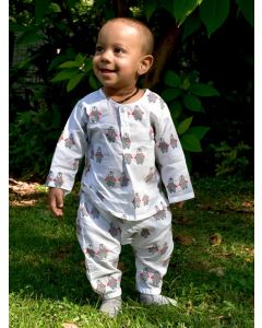 White Printed Cotton Unisex Lounge Wear - Set of 2