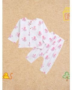 White Printed Cotton Unisex Lounge Wear - Set of 2