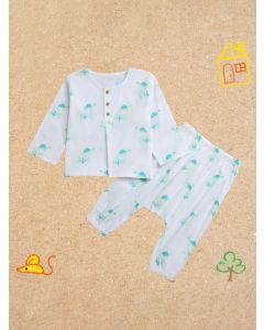 White Printed Cotton Unisex Lounge Wear - Set of 2