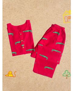 Red Printed Cotton Unisex Lounge Wear - Set of 2