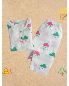 White Printed Cotton Unisex Lounge Wear - Set of 2