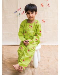 Green Printed Cotton Unisex Lounge Wear - Set of 2