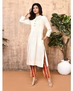 Off White Pleated Cotton Kurta with Pants- Set of 2