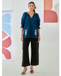 Teal Blue Embroidered Cotton Co-ord Set - Set of 2