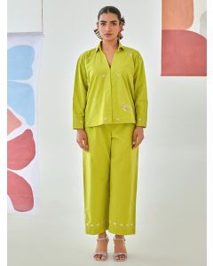 Lime Green Embroidered Cotton Co-ord Set - Set of 2