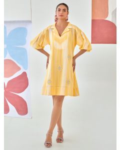 Yellow Patch Work Cotton Checkered Dress with Slip