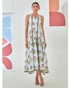 White Aqua Blue Printed Cotton Dress