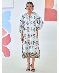White Aqua Blue Printed Cotton Dress with Slip