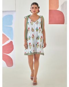 White Aqua Blue Printed Cotton Dress