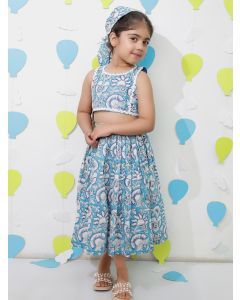 Blue Printed Cotton Top with Skirt - Set of 2
