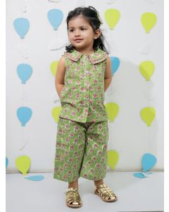 Green Printed Cotton Top with Pants - Set of 2