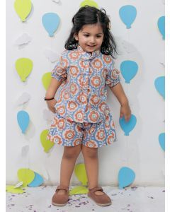 Blue Red Printed Cotton Co-ord Set - Set of 2
