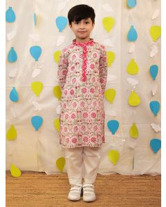 Pink Hand Block Printed Cotton Mulmul Kurta with Pajama - Set of 2