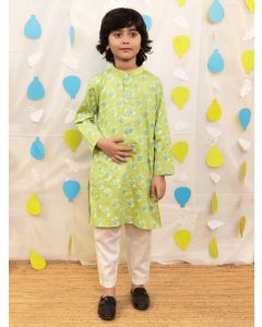 Green Hand Block Printed Cotton Glaze Kurta with Pajama - Set of 2