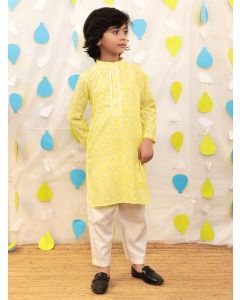 Yellow Hand Block Printed Cotton Glaze Kurta with Pajama - Set of 2
