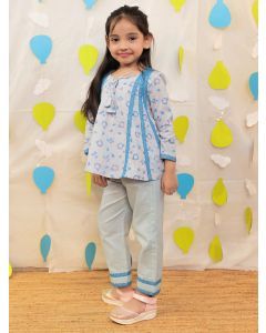 Blue Hand Block Printed Cotton Mulmul Kurta with Pants - Set of 2