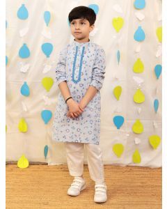 Blue Hand Block Printed Cotton Mulmul Kurta with Pajama - Set of 2
