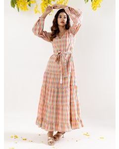 Multicolor Hand Block Printed Cotton Dress with Belt
