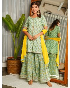 Mint Green Printed Cotton Sharara Suit- Set of 3