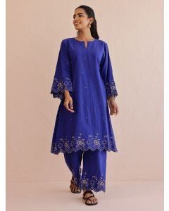 Blue Embroidered Cotton Kurta with Pants - Set of 2