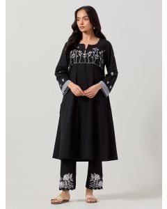 Black Embroidered Cotton Kurta with Pants - Set of 2
