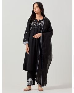 Black Embroidered Cotton Suit - Set of 3
