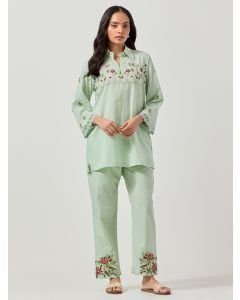 Green Embroidered Cotton Co-ord Set - Set of 2