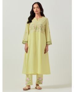 Yellow Embroidered Cotton Kurta with Pants - Set of 2