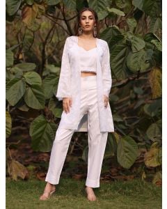 White Cotton Crop Top with Applique Work Jacket and Pants - Set of 3