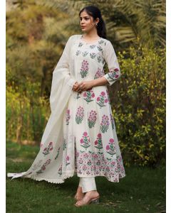 Ivory Pink Hand Block Printed Cotton Suit - Set of 3