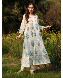 Ivory Turquoise Hand Block Printed Cotton Kurta with Pants - Set of 2