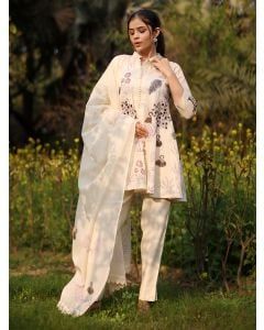 Ivory Lilac Hand Block Printed Cotton Suit - Set of 3