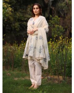 Ivory Blue Hand Block Printed Cotton Suit - Set of 3