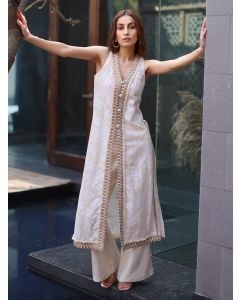 Ivory Lace Work Cotton Jacquard Kurta with Pants - Set of 2
