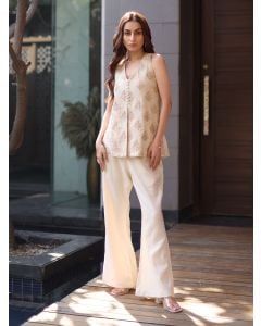 Ivory Zari Embroidered Cotton Jacquard Co-ord Set - Set of 2