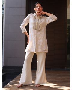 Ivory Cotton Jacquard Tunic with Pants - Set of 2