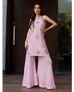 Pink Mirror Work Cotton Kurta with Palazzo - Set of 2