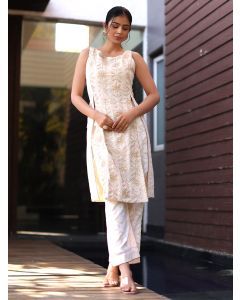 Ivory Hand Embroidered Cotton Kurta with Pants- Set of 2