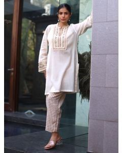 Ivory Embroidered Cotton Kurta with Pants- Set of 2