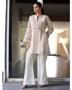 Beige Embroidered Cotton Striped Kurta with Pants- Set of 2