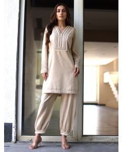 Beige Embroidered Cotton Kurta with Salwar- Set of 2