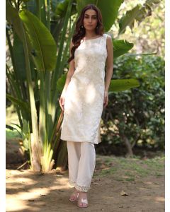 White Embroidered Cotton Organza Kurta with Pants- Set of 2