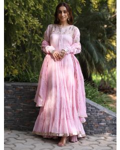 Pink Hand Embroidered Cotton Suit- Set of 3