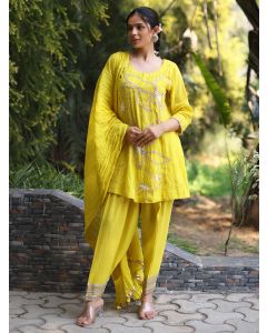 Yellow Hand Embroidered Cotton Suit- Set of 3