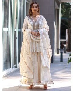 Ivory Mirror Work Cotton Sharara Suit- Set of 3