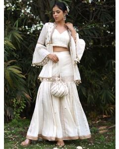 Ivory Embroidered Crop Top with Jacket and Sharara- Set of 3
