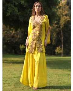 Yellow Hand Embroidered Cotton Kurta with Palazzo- Set of 2